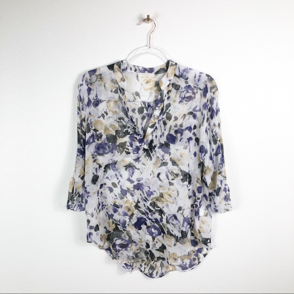 Lush Purple Floral Sheer V Neck Blouse‎ S